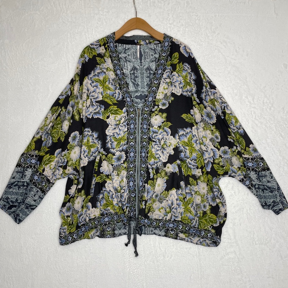 Free People Wildflower Womens Cinched Kimono Blouse Zip Jacket Size M/L